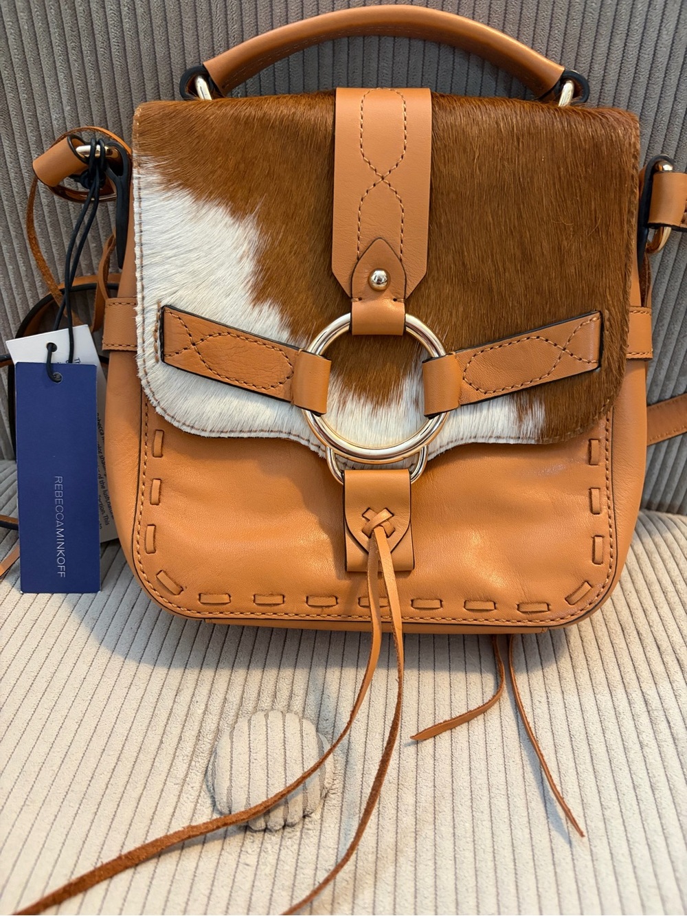 Rebecca Minkoff Tan & White Haircalf Ring-Front Satchel